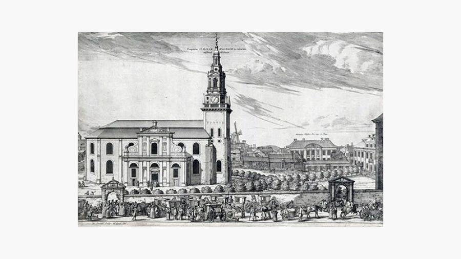 Maria kyrka med van der Nootska palatset i bakgrunden, ur Suecia antiqua et hodierna (ca 1700)