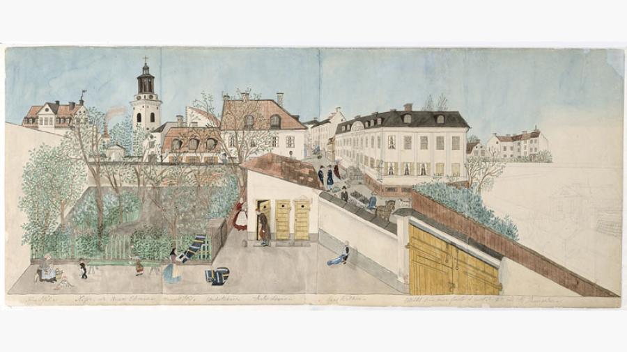 Josabeth Sjöberg (ca 1860) ”Utsikt mot öster från S:t Paulsgatan 20” i Stockholms stadsmuseum